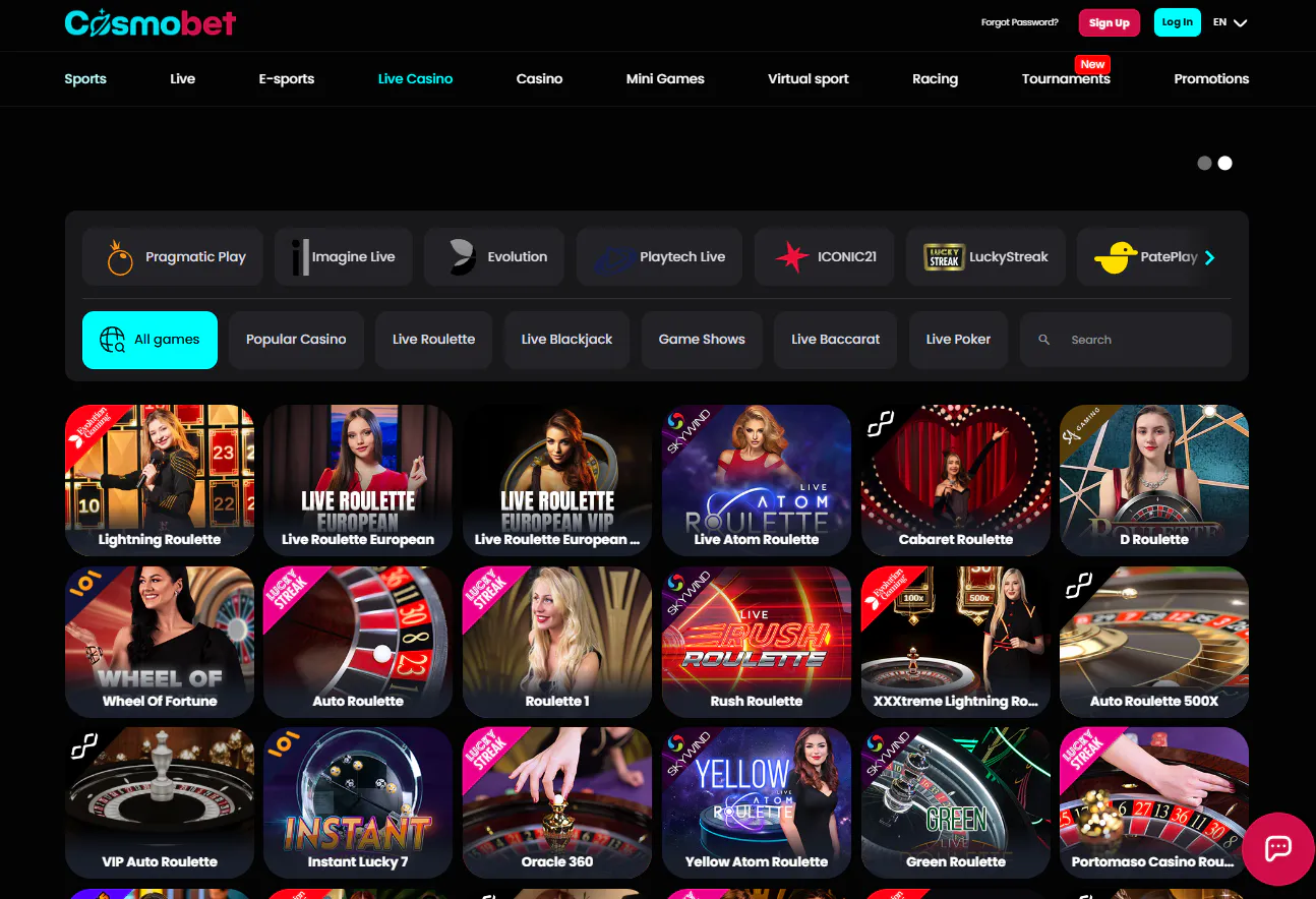 Cosmobet casino lobby with game-category navigation