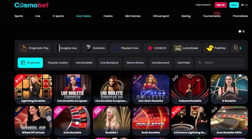 Cosmobet casino lobby category navigation