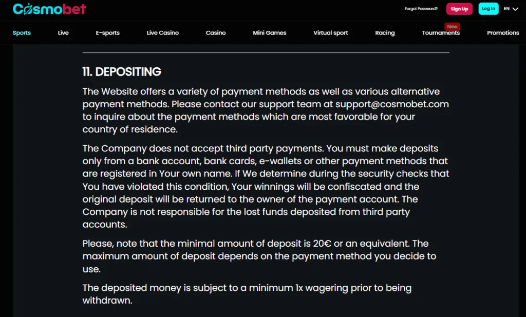 Cosmobet cashier showing deposit method selection
