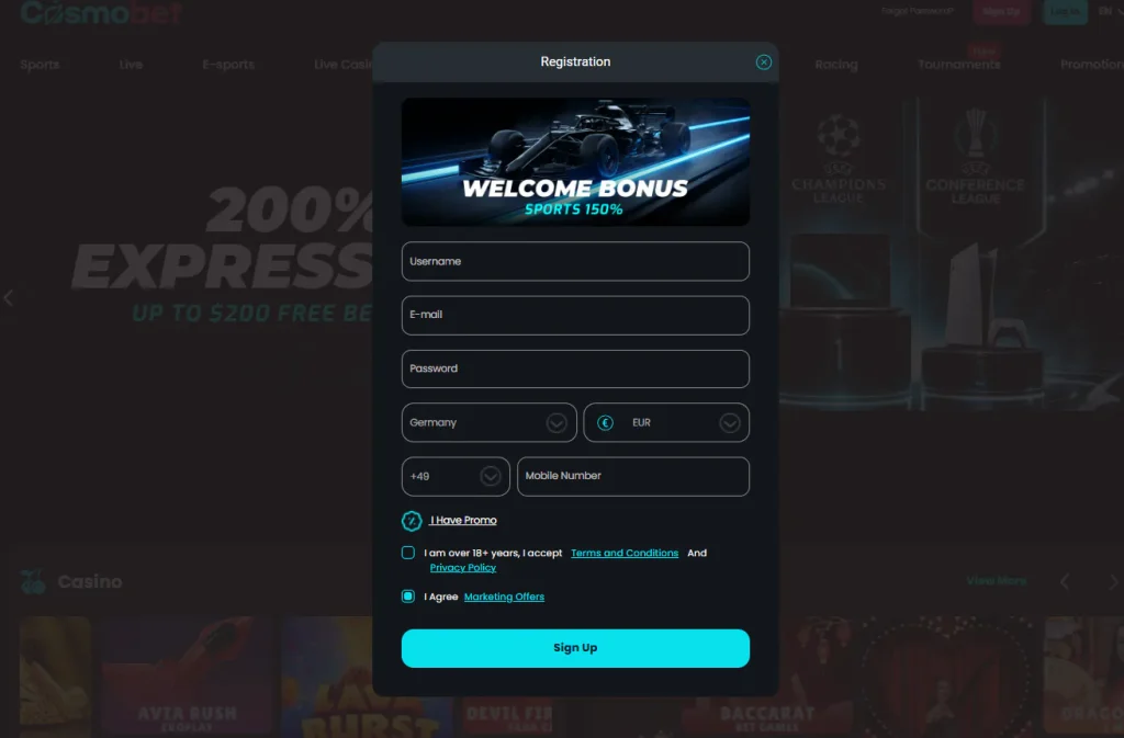 Cosmobet registration screen on the official website