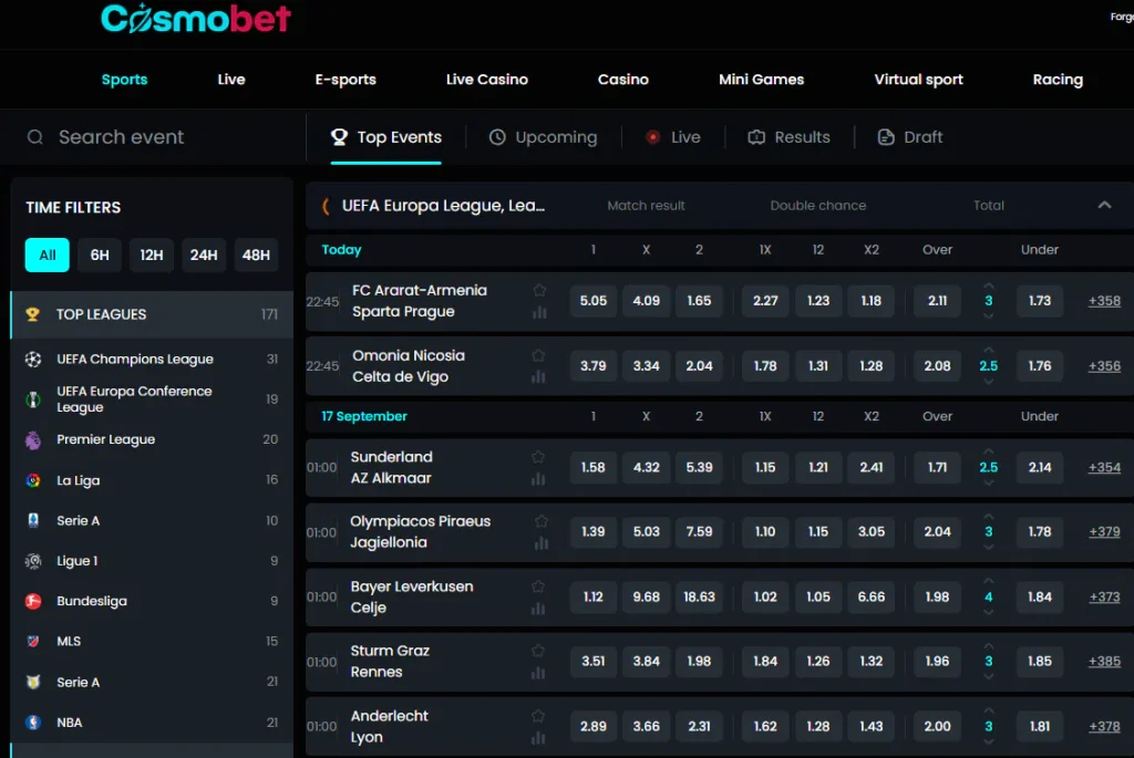 Cosmobet sportsbook interface showing the betting lobby